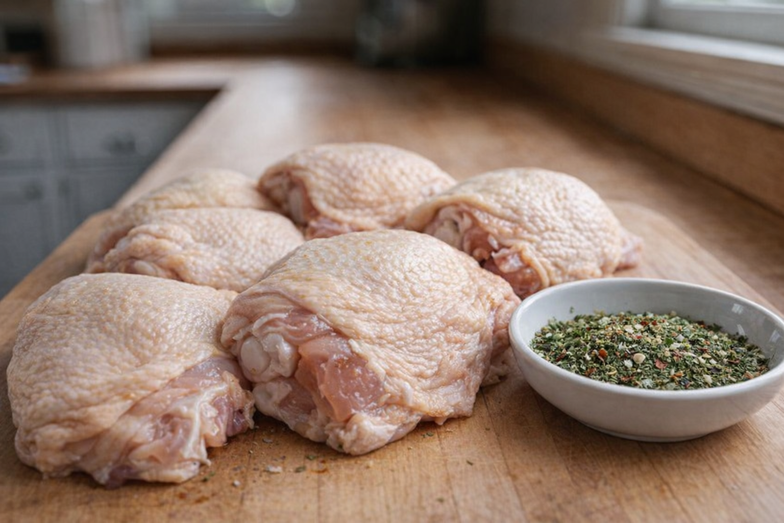 Raw chicken thighs, bone-in and skin-on, arranged on a cutting board next to a bowl of mixed herbs and spices, natural daylight